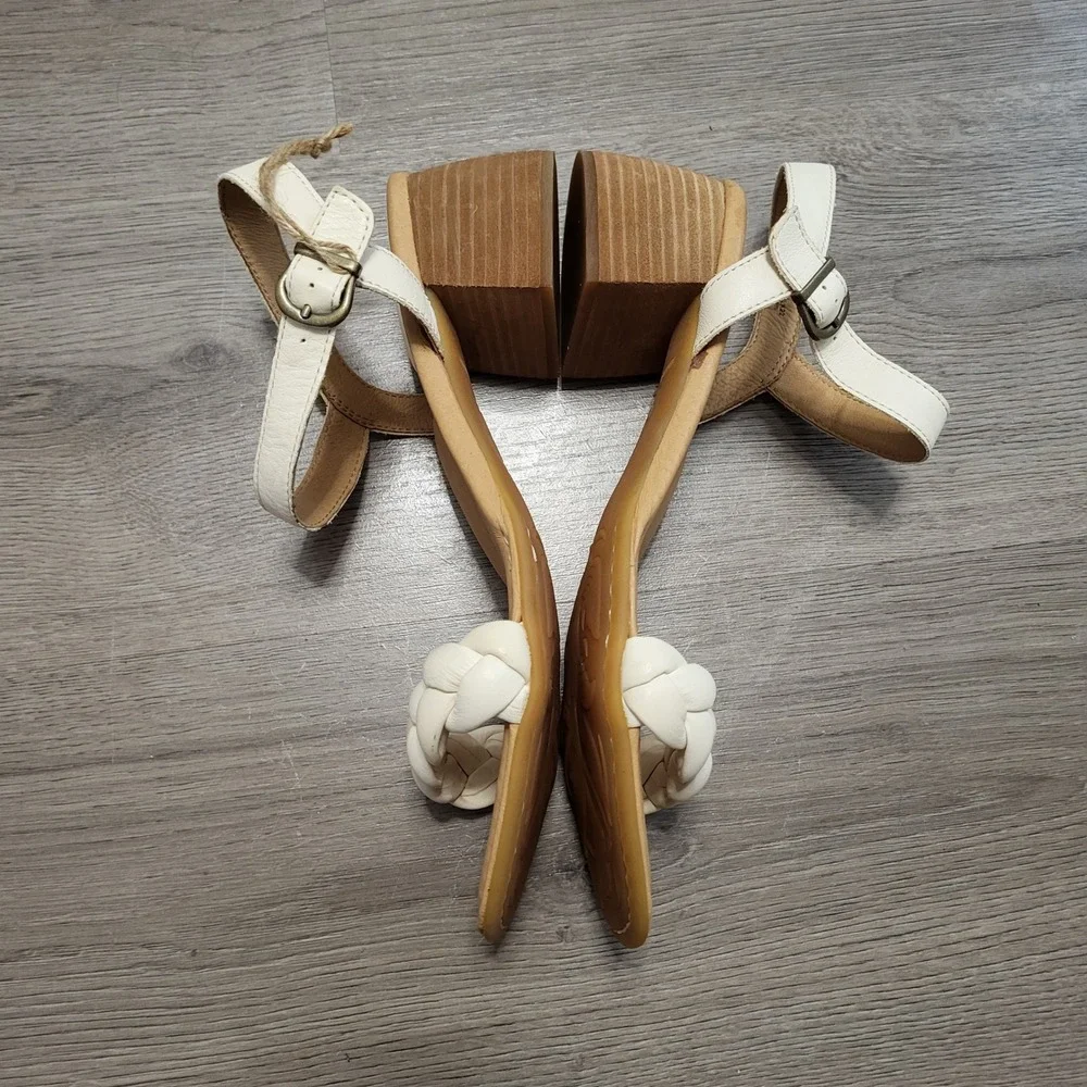 Born Cream Leather Braided Strap Block Heel Sandals Comfort Casual Women Size 11 - Picture 2 of 10